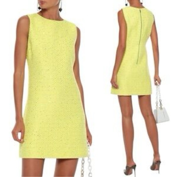 Alice + Olivia Clyde Sequin-Embellished Neon Bouclé-Tweed Mini Dress - Picture 3 of 7